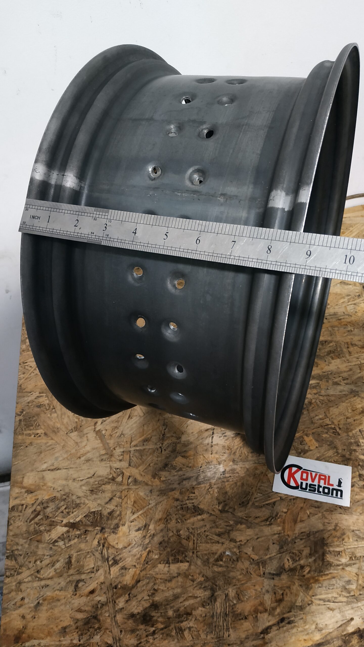 KOVALCUSTOM 18x8.0 steel rim raw unpainted metal finish close up